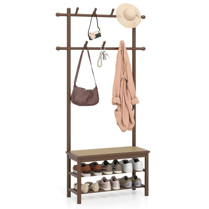 Bamboo Coat Rack PE Rattan Hall Tree with Bench and Shoe Storage 3-In-1 Entryway Bench-Brown