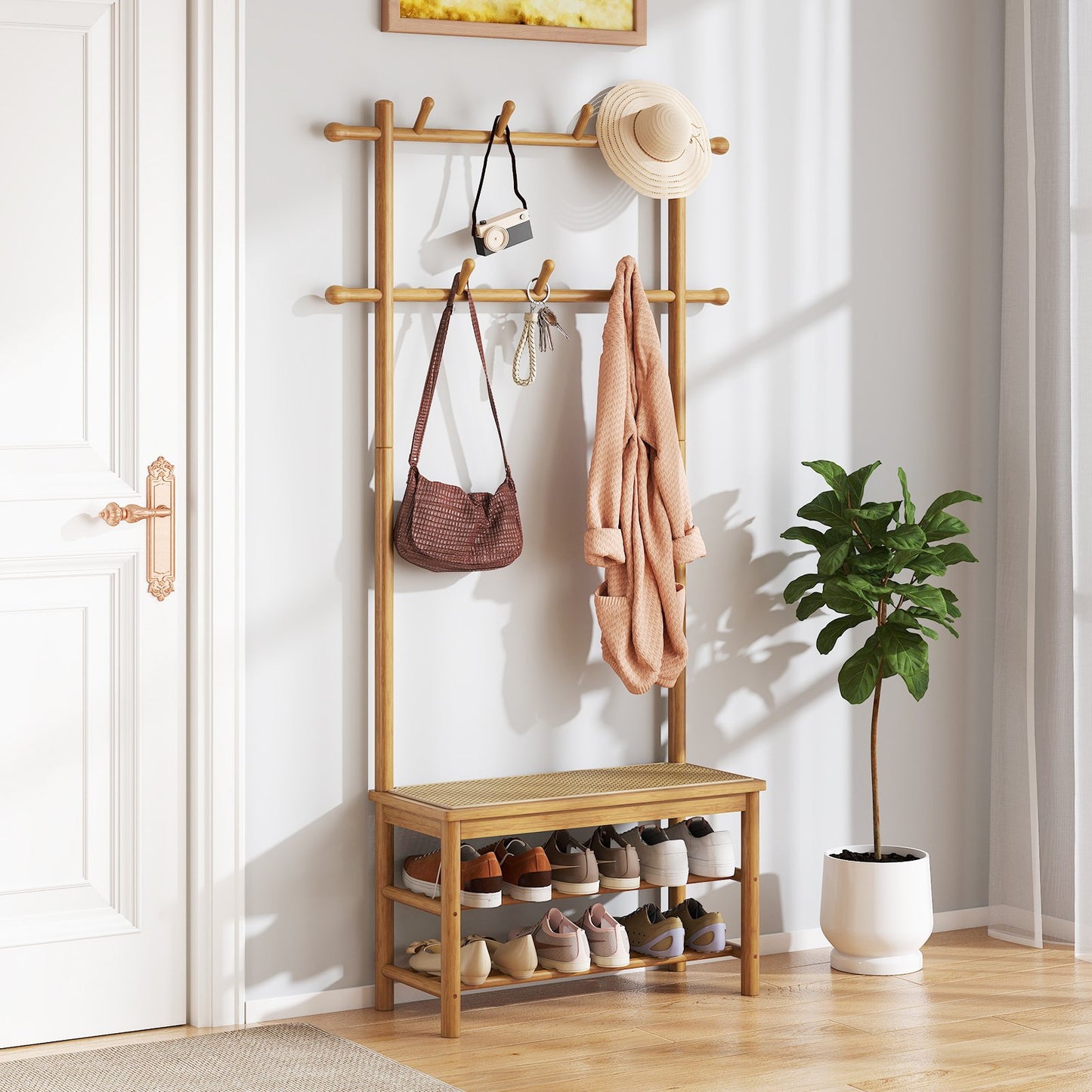 Bamboo Coat Rack PE Rattan Hall Tree with Bench and Shoe Storage 3-In-1 Entryway Bench-Brown