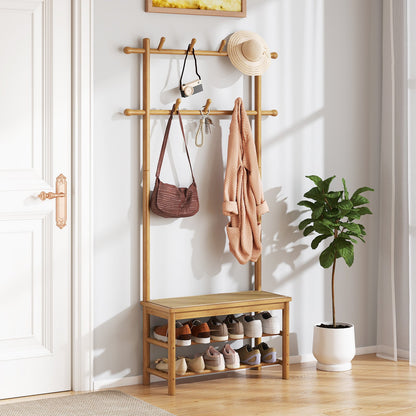 Bamboo Coat Rack PE Rattan Hall Tree with Bench and Shoe Storage 3-In-1 Entryway Bench-Brown