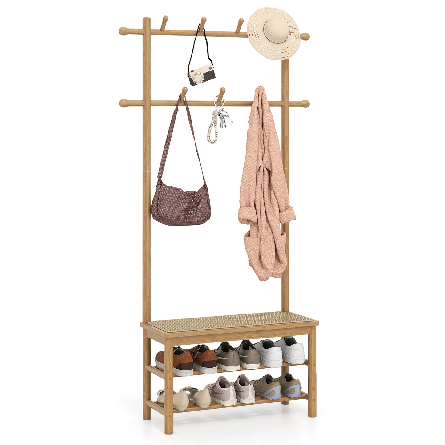 Bamboo Coat Rack PE Rattan Hall Tree with Bench and Shoe Storage 3-In-1 Entryway Bench-Brown