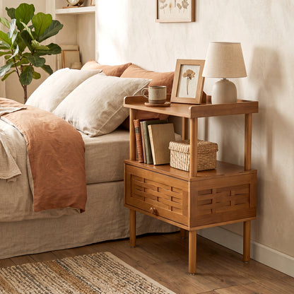 Bamboo Rattan Nightstand with Raised Edge Flip-Up Door and Open Shelf-Walnut