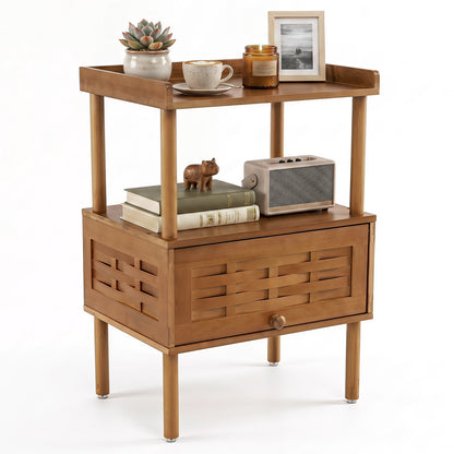 Bamboo Rattan Nightstand with Raised Edge Flip-Up Door and Open Shelf-Walnut