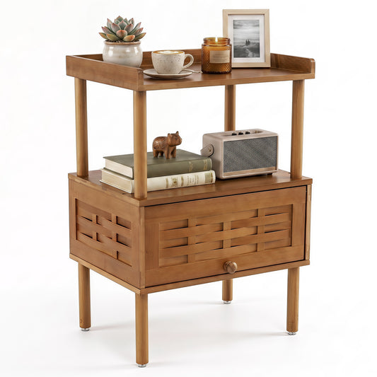 Bamboo rattan nightstand with walnut finish, raised edge flip-up door, and open shelf for bedroom storage.