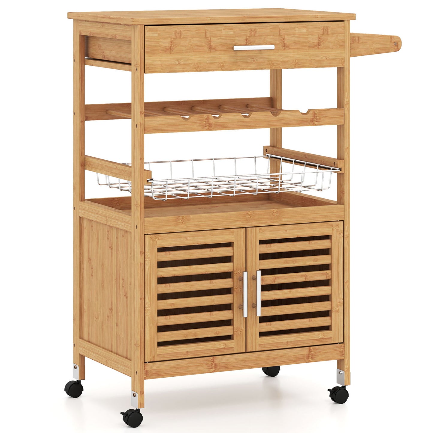 Bamboo Rolling Kitchen Island Trolley with Storage Cabinet and Wine Rack-Natural