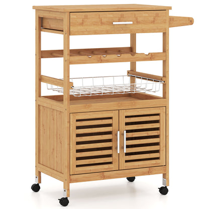 Bamboo Rolling Kitchen Island Trolley with Storage Cabinet and Wine Rack-Natural