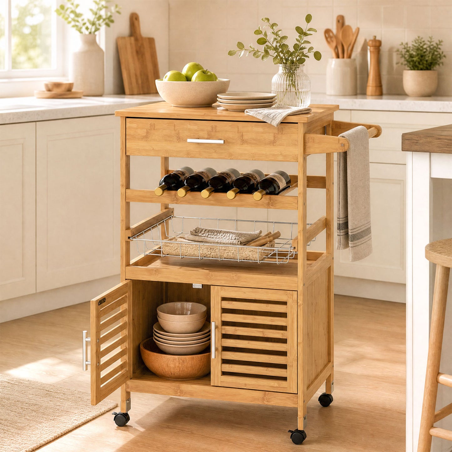 Bamboo Rolling Kitchen Island Trolley with Storage Cabinet and Wine Rack-Natural