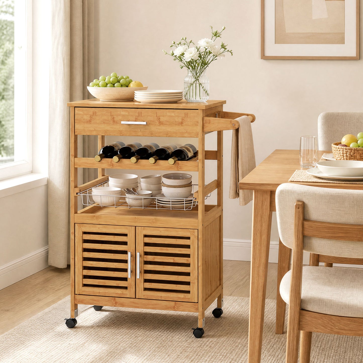 Bamboo Rolling Kitchen Island Trolley with Storage Cabinet and Wine Rack-Natural