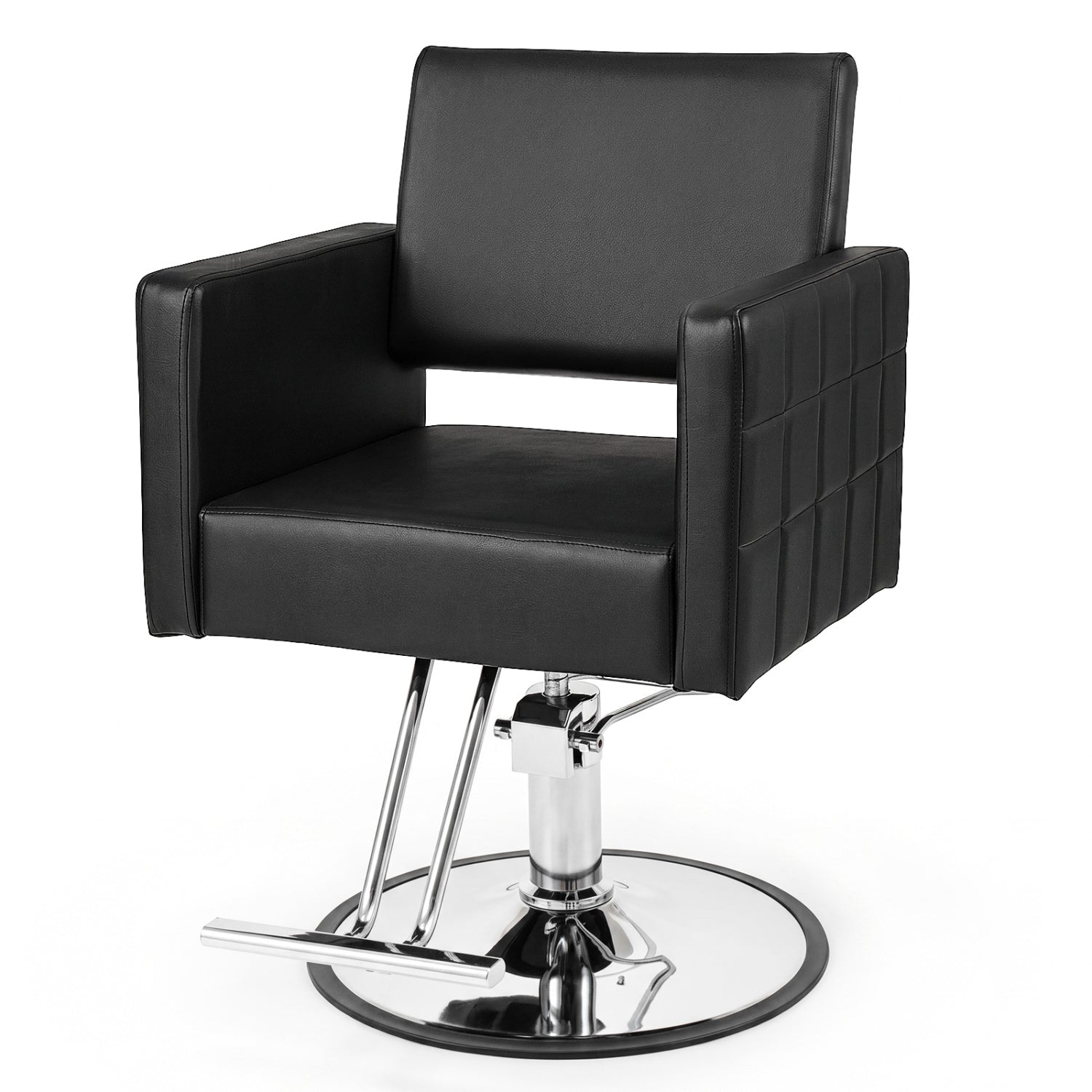 Black barber salon chair with hydraulic pump, adjustable height, and 360° swivel for beauty and spa salon use.