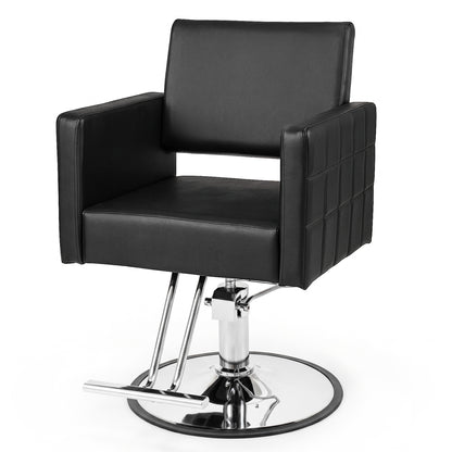 Black barber salon chair with hydraulic pump, adjustable height, and 360° swivel for beauty and spa salon use.