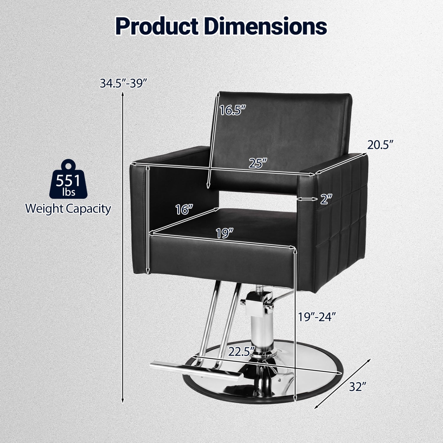 Black barber salon chair with hydraulic pump, adjustable height, and 360° swivel for spa and beauty styling.