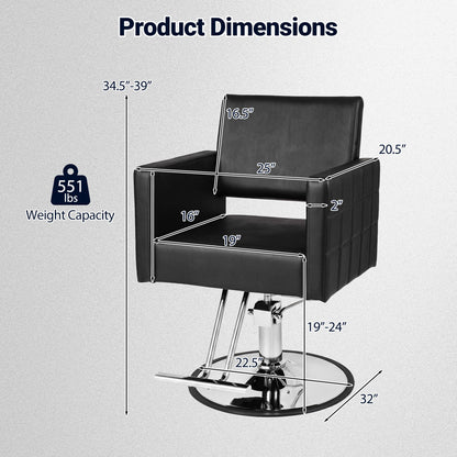 Black barber salon chair with hydraulic pump, adjustable height, and 360° swivel for spa and beauty styling.
