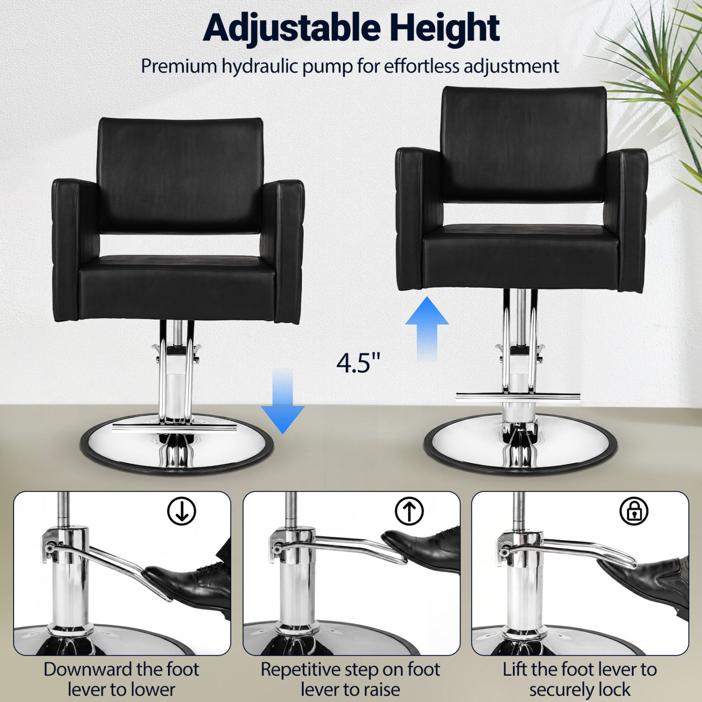Black barber salon chair with hydraulic pump, adjustable height, 360° swivel, ideal for beauty salons and spas.