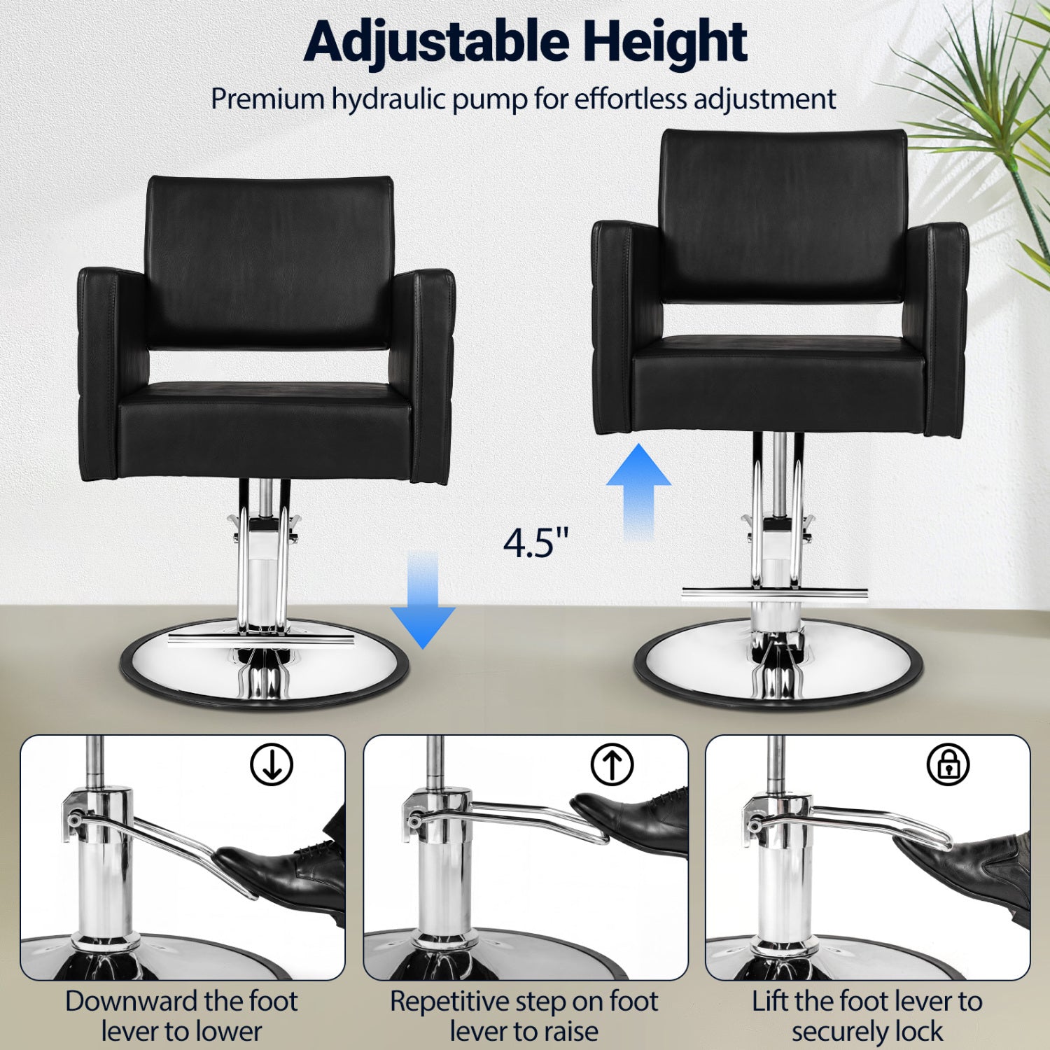 Black barber salon chair with hydraulic pump, adjustable height, 360° swivel, ideal for beauty salons and spas.