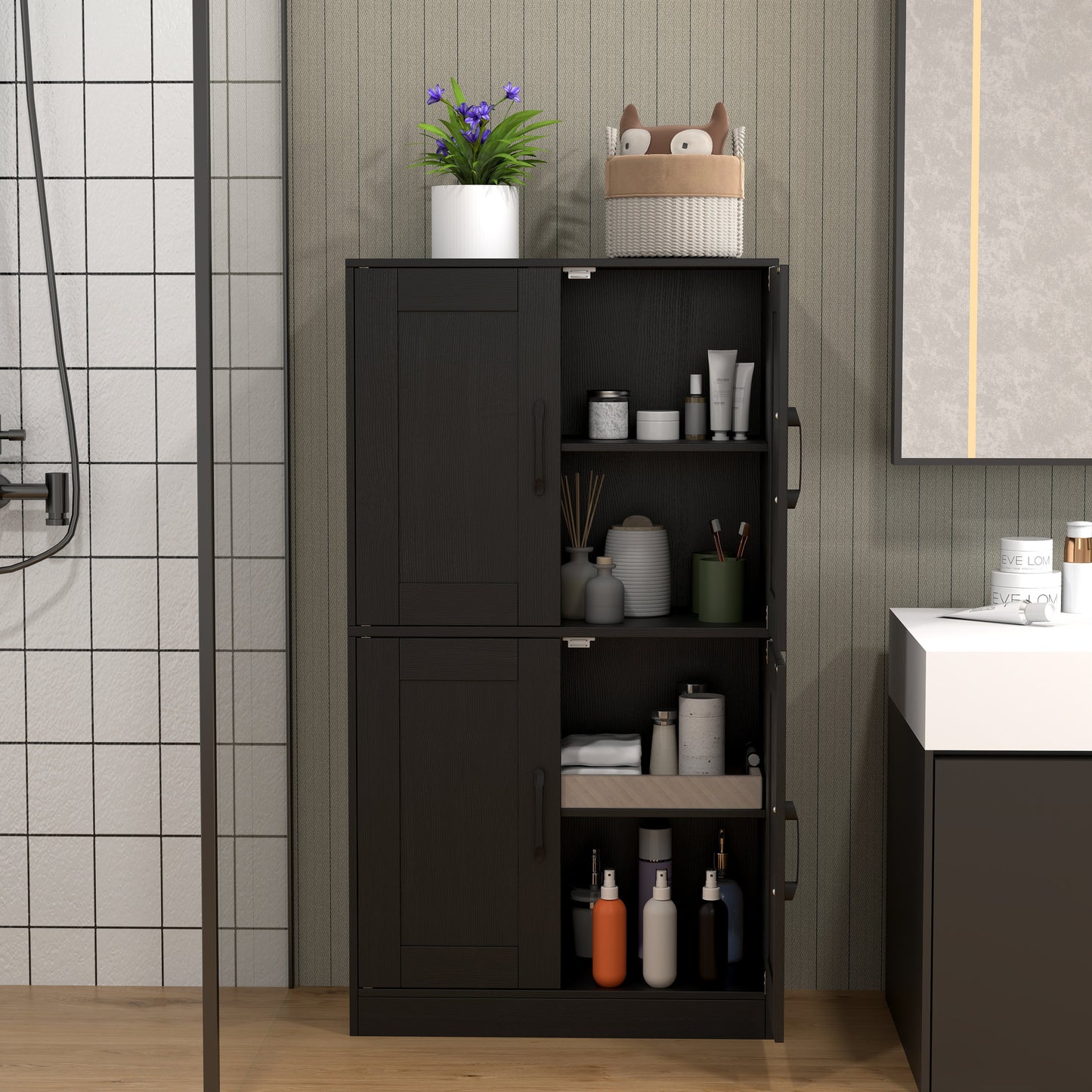 Bathroom Cabinet 43.5 inch Storage Cabinet with Doors and Adjustable Shelves-Black