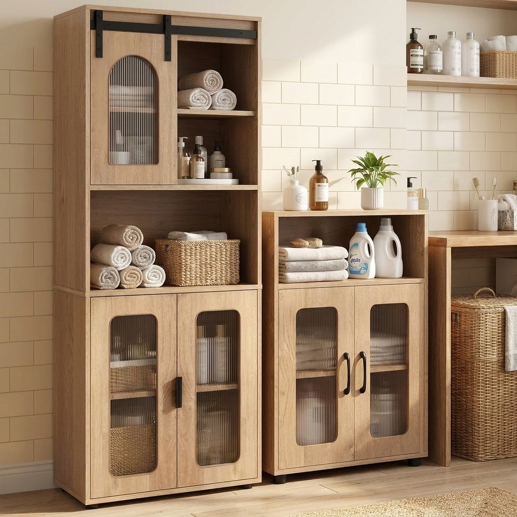 Bathroom Cabinet Set with 59 Inch Tall Cabinet and 2-Door Floor Cabinet-Natural