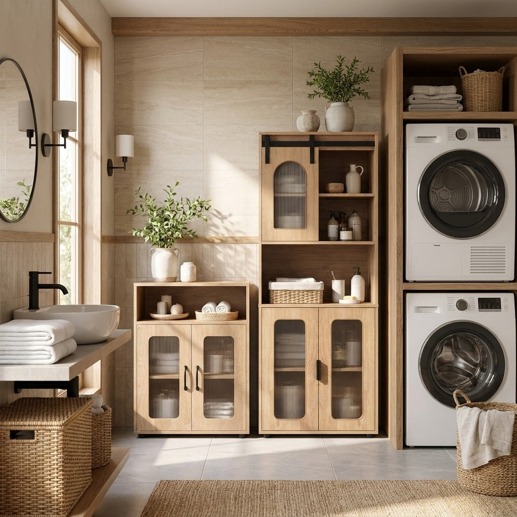 Bathroom Cabinet Set with 59 Inch Tall Cabinet and 2-Door Floor Cabinet-Natural