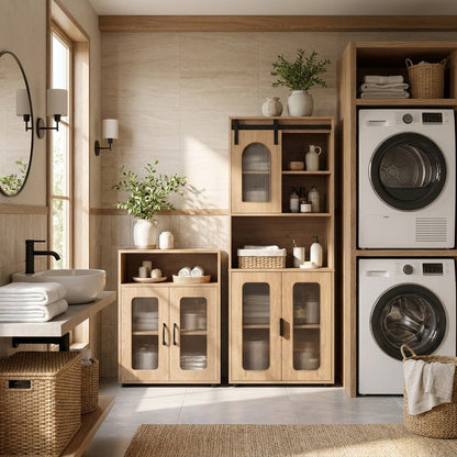 Bathroom Cabinet Set with 59 Inch Tall Cabinet and 2-Door Floor Cabinet-Natural