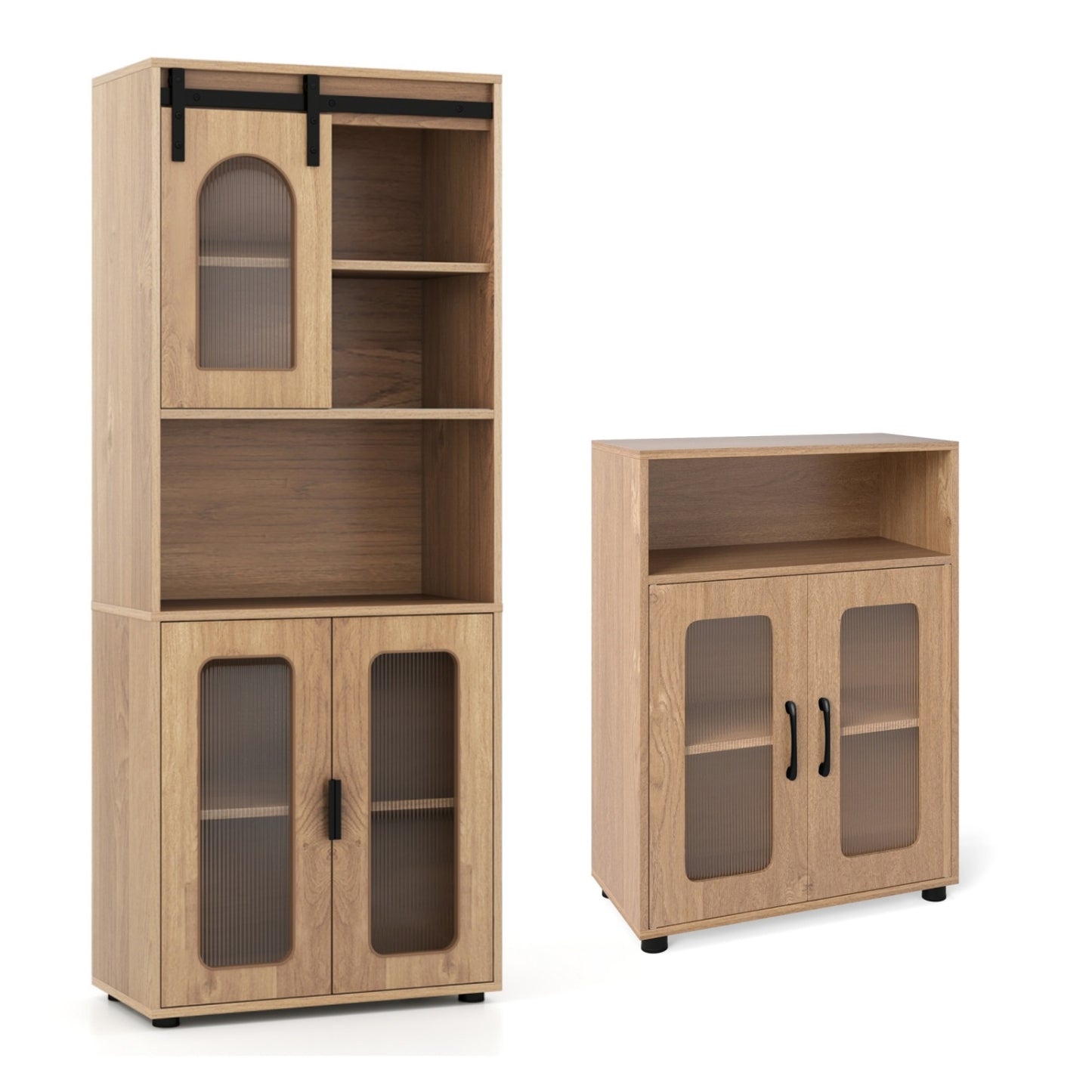 Bathroom Cabinet Set with 59 Inch Tall Cabinet and 2-Door Floor Cabinet-Natural