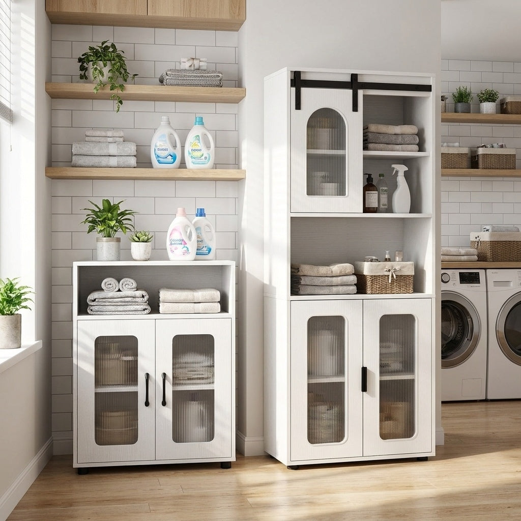 Bathroom Cabinet Set with 59 Inch Tall Cabinet and 2-Door Floor Cabinet-Natural