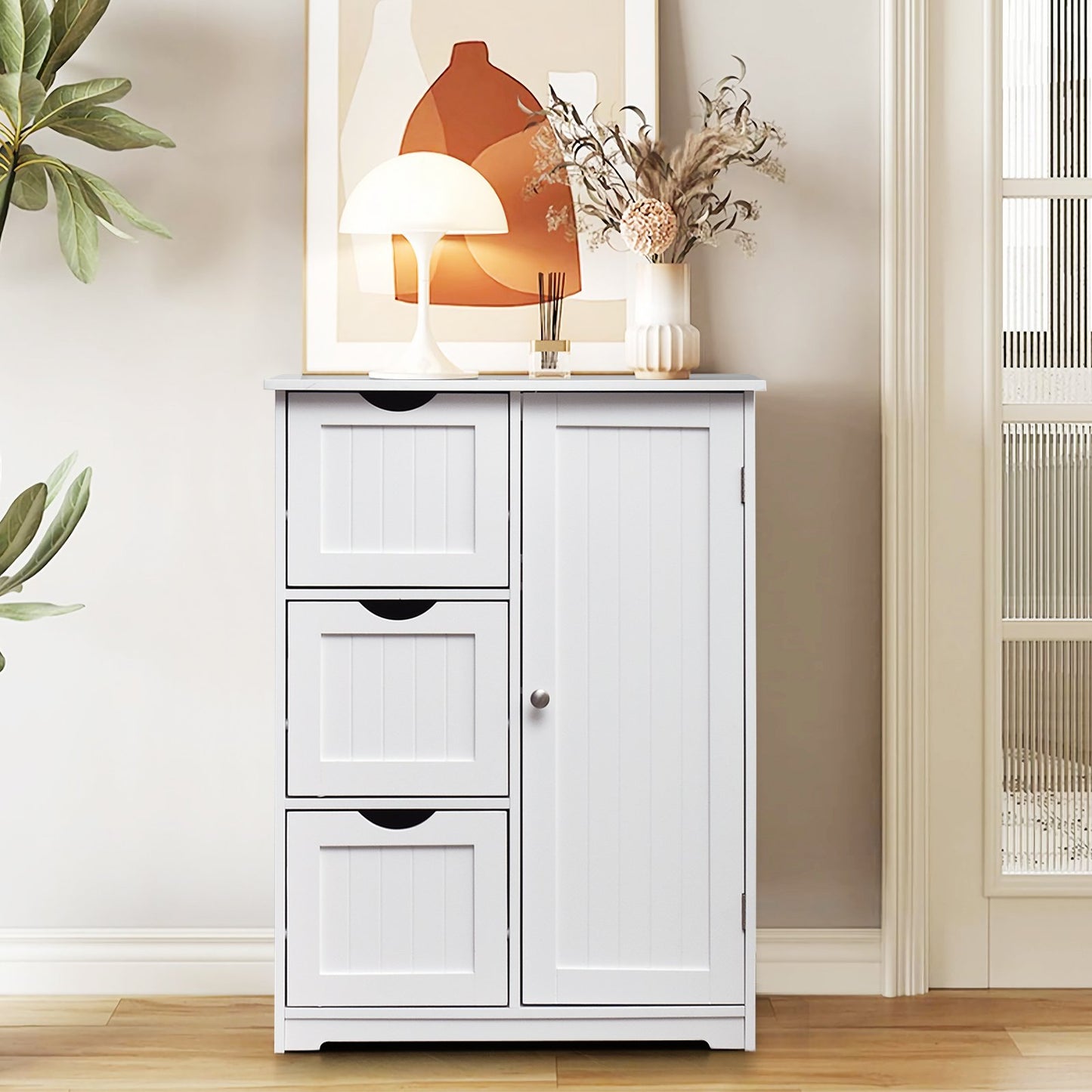 Bathroom Floor Cabinet Side Storage Cabinet with 3 Drawers and 1 Cupboard-Black