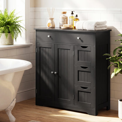 Black bathroom floor cabinet with 4 drawers, 2 doors, and adjustable shelf, designed for storage in bathroom spaces.