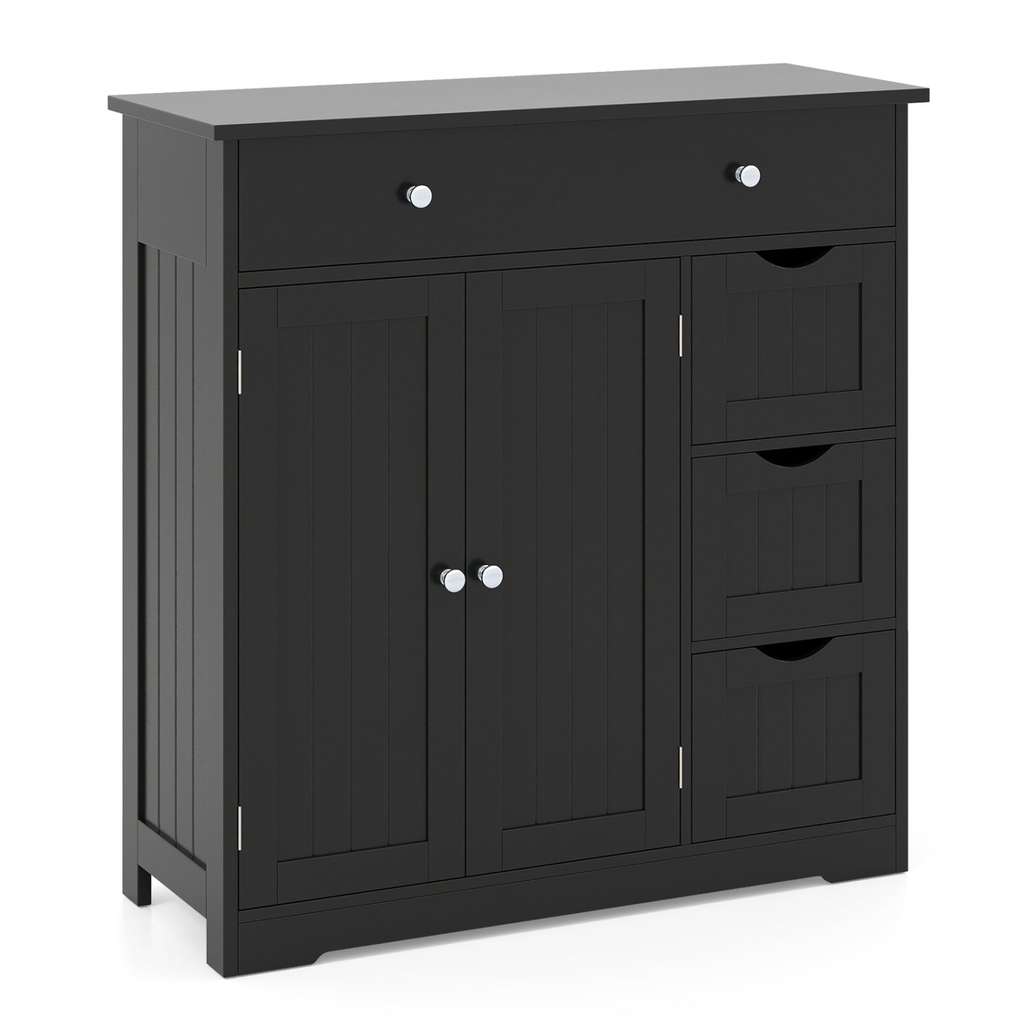 Black bathroom floor cabinet with 4 drawers, 2 doors, and adjustable shelves, designed for stylish storage.
