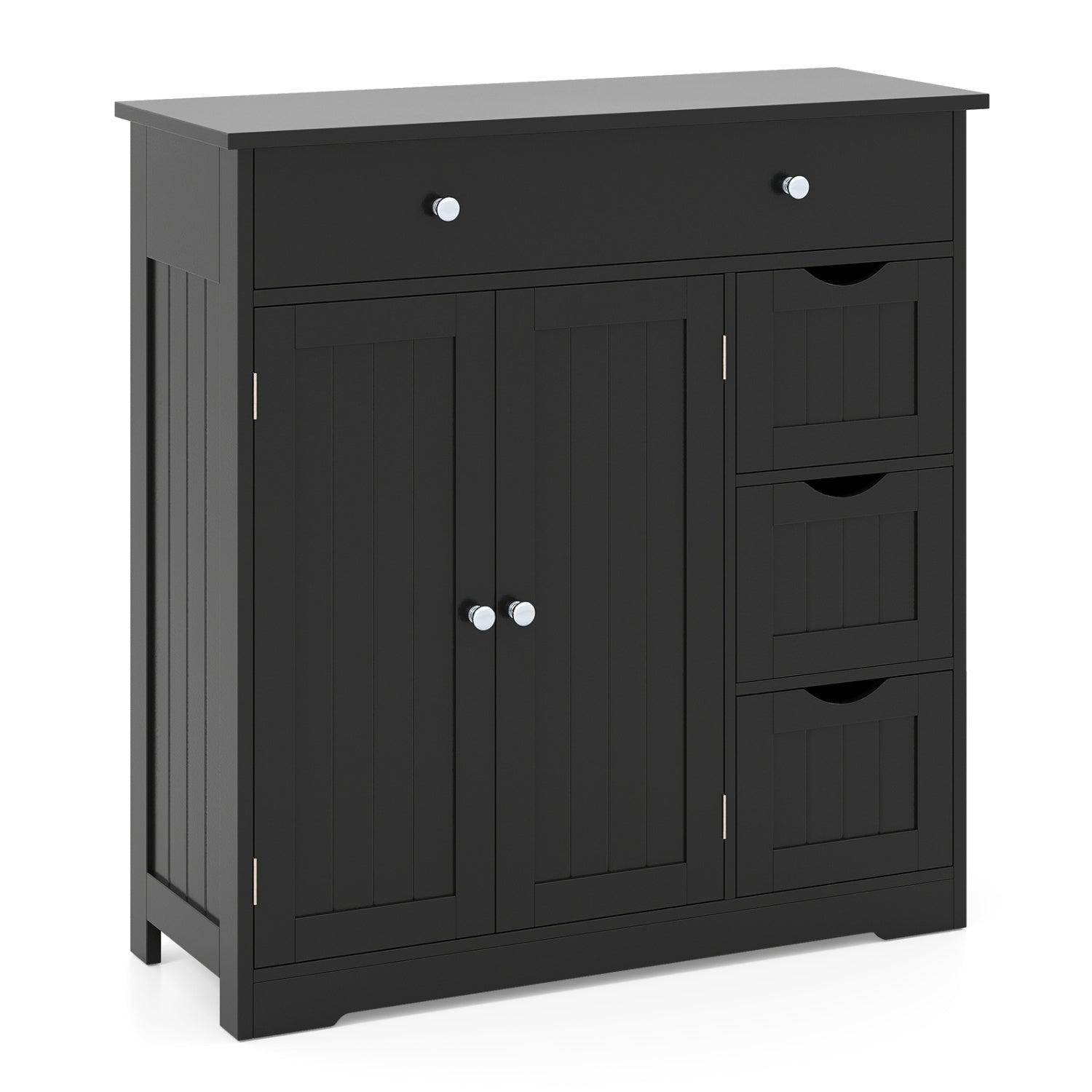 Black bathroom floor cabinet with 4 drawers, 2 doors, and adjustable shelves, designed for stylish storage.