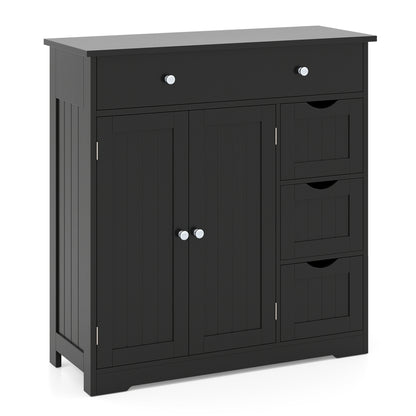 Black bathroom floor cabinet with 4 drawers, 2 doors, and adjustable shelves, designed for stylish storage.