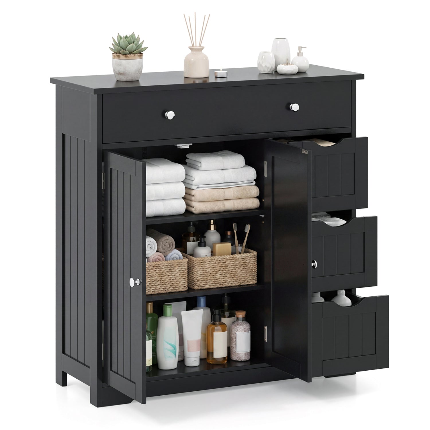 Black bathroom floor cabinet with 4 drawers, 2 doors, and adjustable shelf, featuring a modern design for storage.