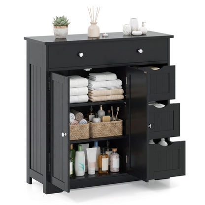 Black bathroom floor cabinet with 4 drawers, 2 doors, and adjustable shelf, featuring a modern design for storage.