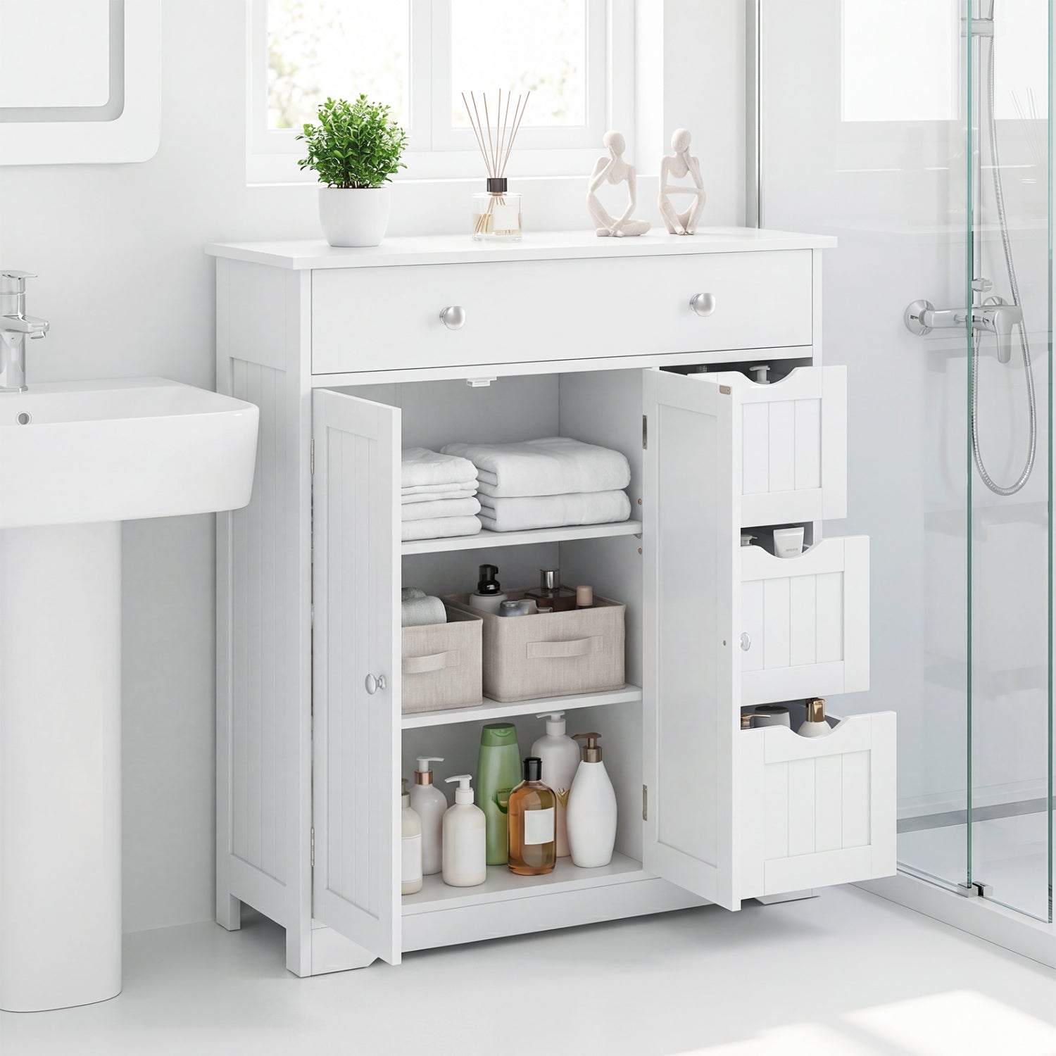 Black bathroom floor cabinet with 4 drawers, 2 doors, and adjustable shelves, ideal for bathroom storage and organization.