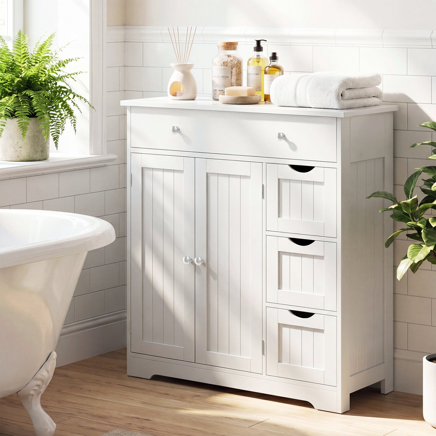 Black bathroom floor cabinet with 4 drawers, 2 doors, and adjustable shelves, from Wilsons Home Store.