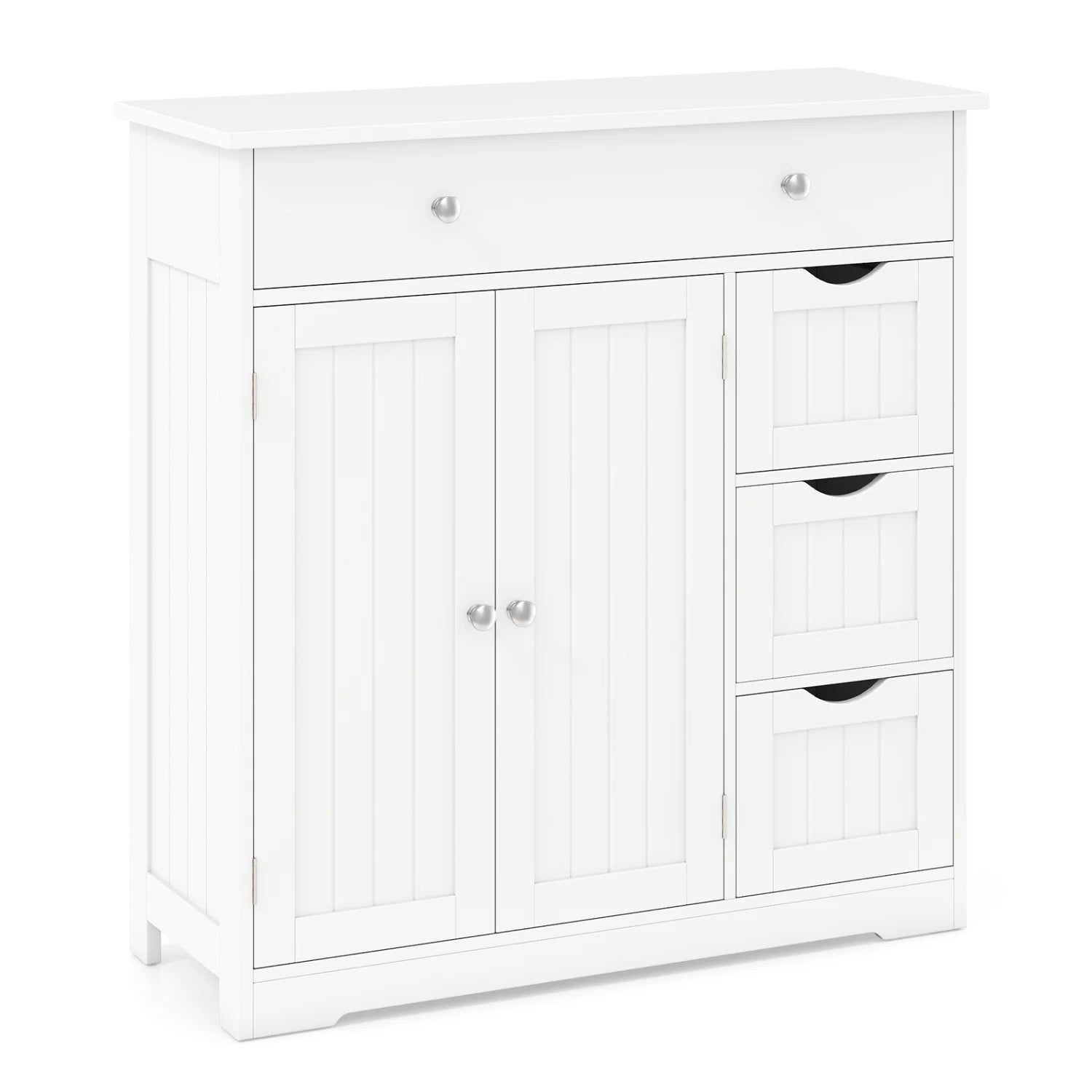 Black bathroom floor cabinet with four drawers, two doors, and adjustable shelf for storage in a modern bath setting.
