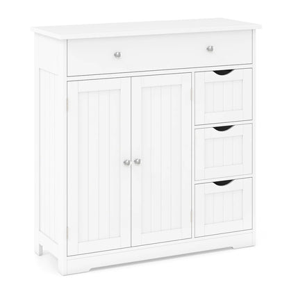 Black bathroom floor cabinet with four drawers, two doors, and adjustable shelf for storage in a modern bath setting.