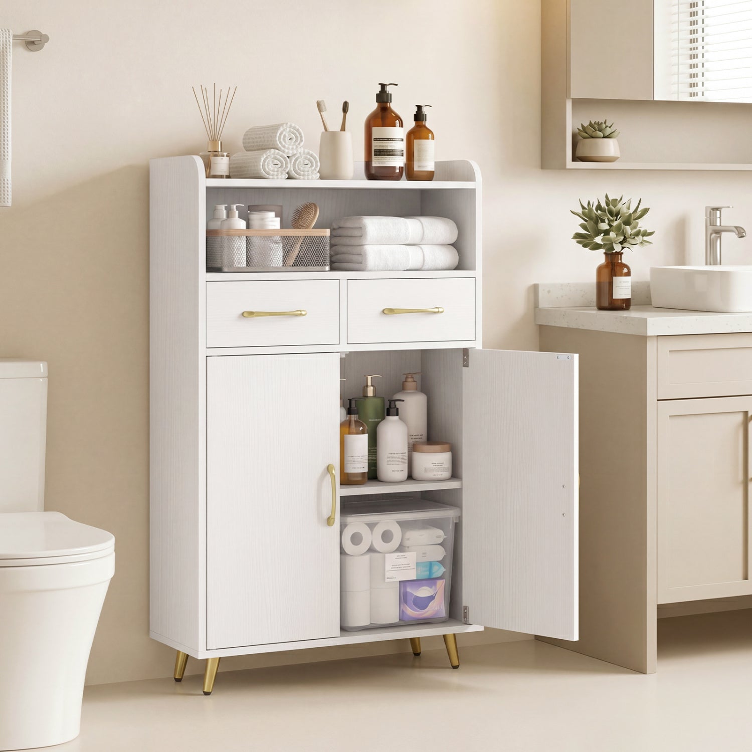 White freestanding bathroom storage cabinet with 2 drawers and 2 doors, ideal for organizing bath essentials.
