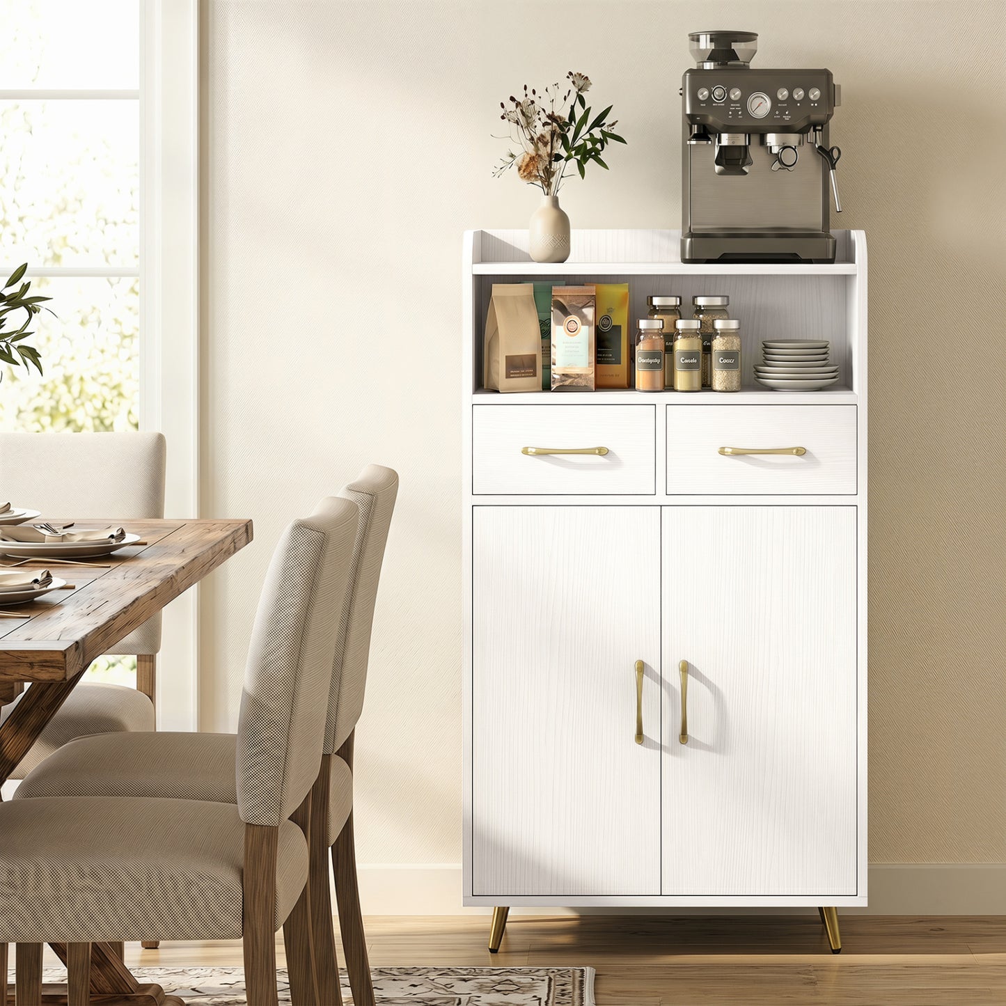 White freestanding bathroom storage cabinet with two drawers and two doors, ideal for organizing bath essentials.