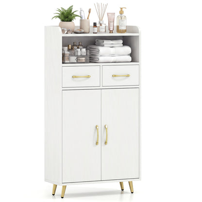 White freestanding bathroom storage cabinet with 2 drawers and 2 doors, ideal for organizing bath essentials.