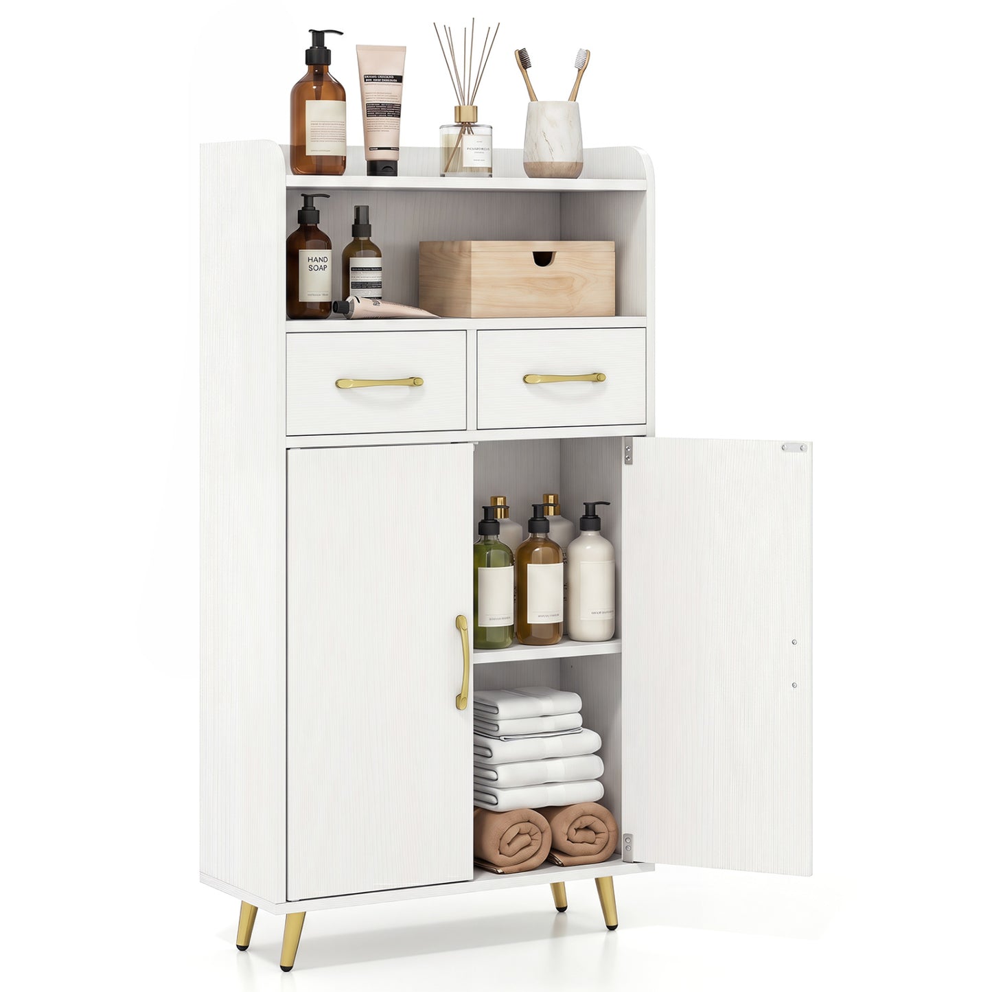 White freestanding bathroom storage cabinet with 2 drawers and 2 doors, ideal for bathroom organization and space saving.