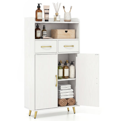 White freestanding bathroom storage cabinet with 2 drawers and 2 doors, ideal for bathroom organization and space saving.