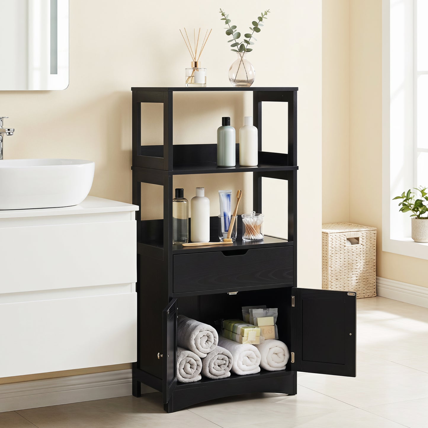 Bathroom Storage Cabinet with Open Shelves and Drawer-Black