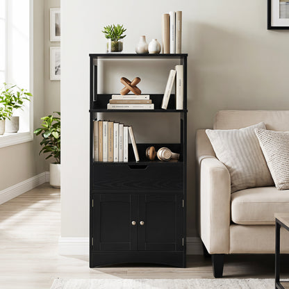 Bathroom Storage Cabinet with Open Shelves and Drawer-Black