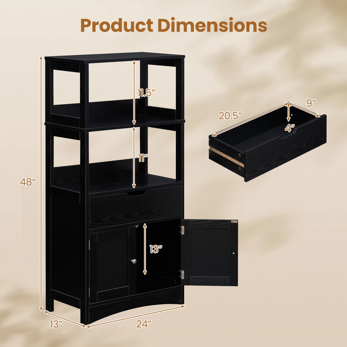 Bathroom Storage Cabinet with Open Shelves and Drawer-Black