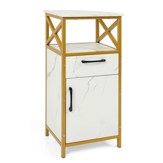 White bathroom storage cabinet with a single door, drawer, and open shelf for organized bath essentials.