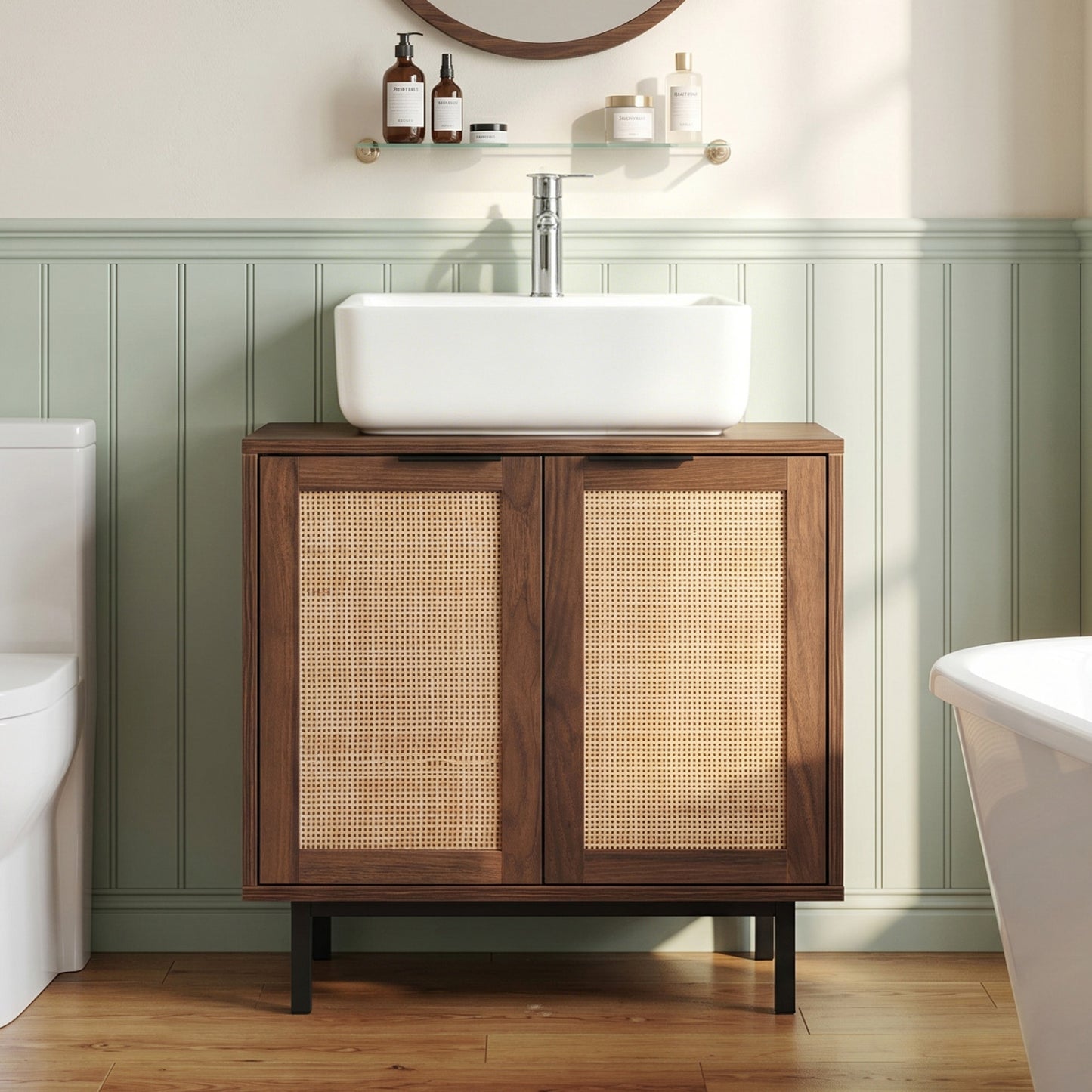 Bathroom vanity cabinet with U-shaped cut-out, two rattan doors, and shelf in brown, from Wilsons Home Store.