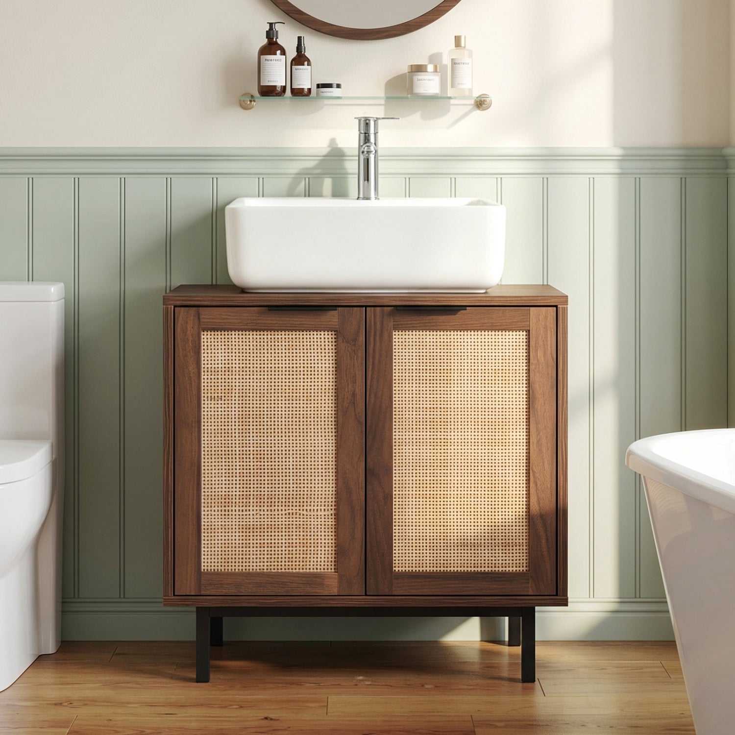 Bathroom vanity cabinet with U-shaped cut-out, two rattan doors, and shelf in brown, from Wilsons Home Store.