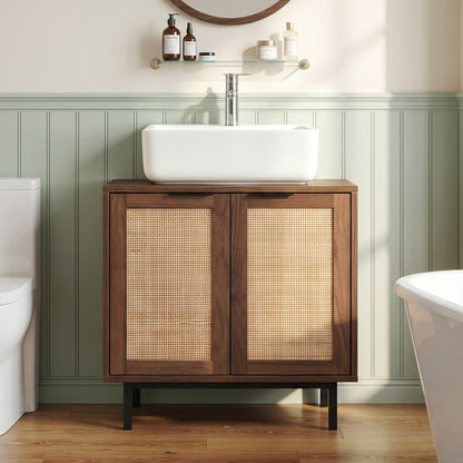 Bathroom vanity cabinet with U-shaped cut-out, two rattan doors, and shelf in brown, from Wilsons Home Store.