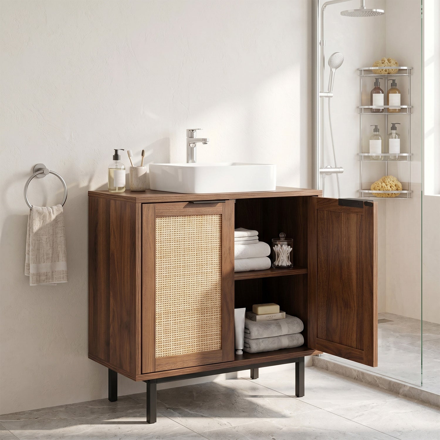 Brown bathroom vanity cabinet with U-shaped cut-out, two rattan doors, and shelf, ideal for bathroom floor storage.