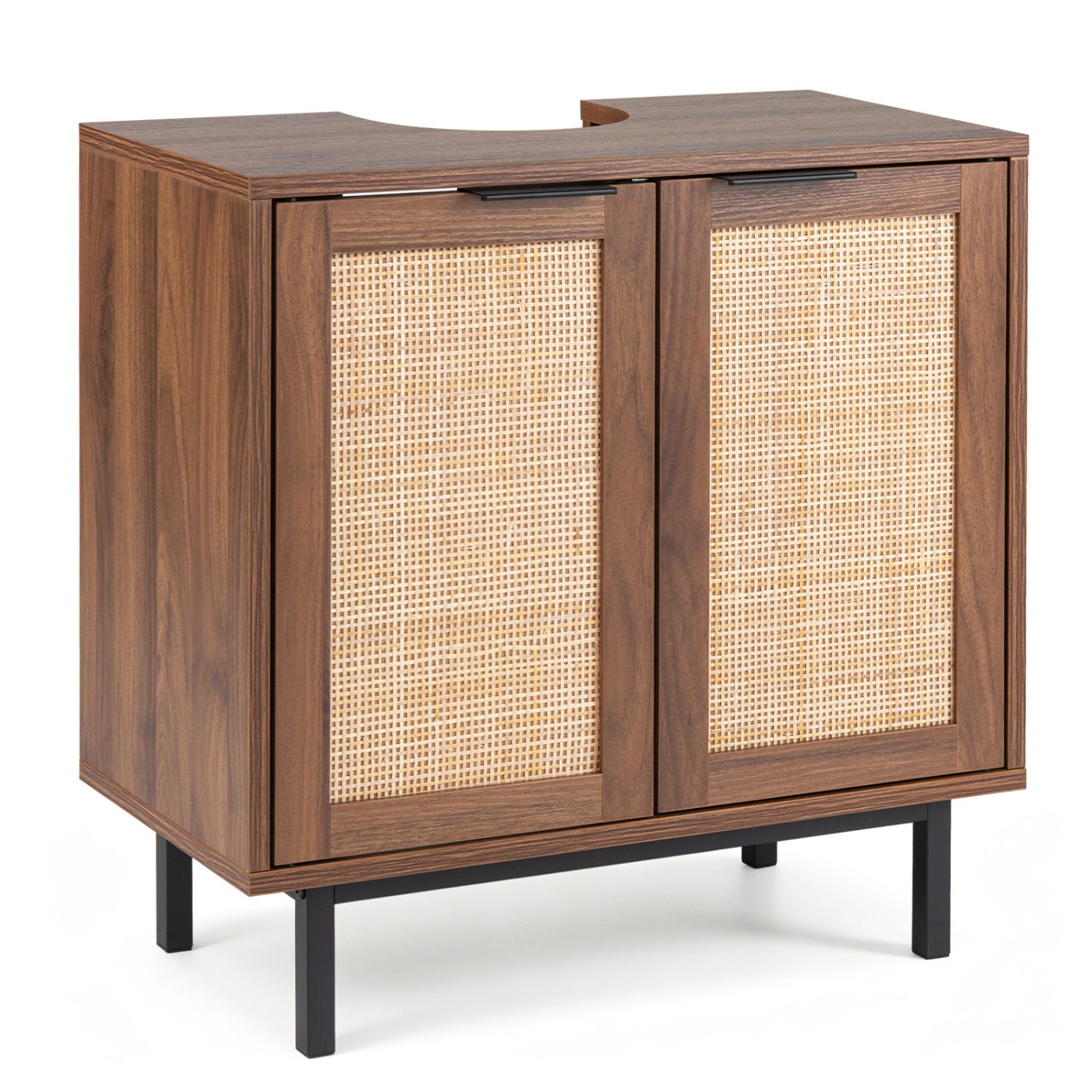 Bathroom vanity cabinet with two rattan doors, U-shaped cut-out, brown finish, and shelf, designed for bathroom floor storage.