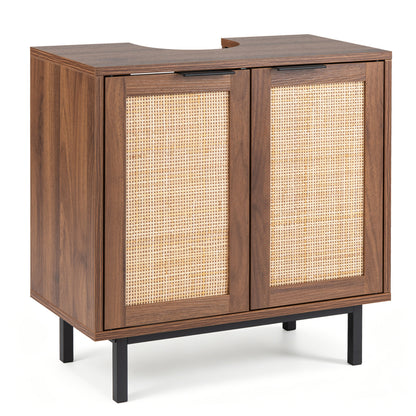 Bathroom vanity cabinet with two rattan doors, U-shaped cut-out, brown finish, and shelf, designed for bathroom floor storage.