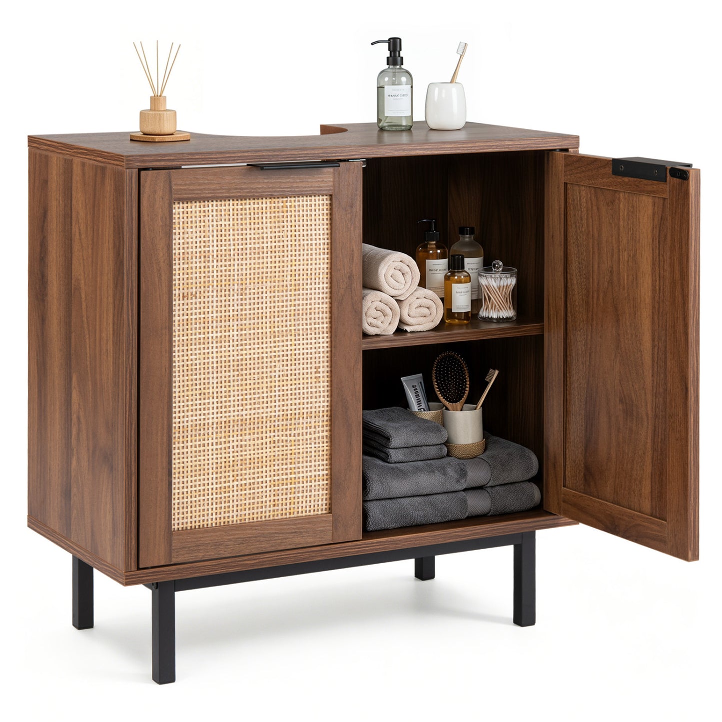 Bathroom vanity cabinet with U-shaped cut-out, two rattan doors and shelf, brown wood finish for modern bath storage.
